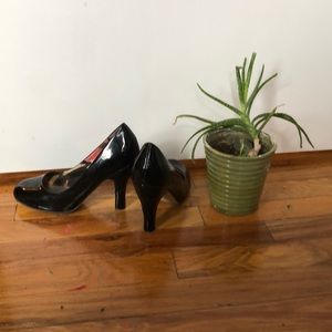 Black faux patent leather heels